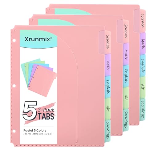 5-Tab Dividers for 3 Ring Binder, 15 Counts Binder Dividers Index with Pockets, 8.5 x 11'' Binder Dividers with 1/5 Cut Tabs for School Office (XY026) (3)