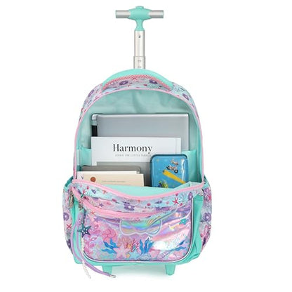 Cartoon Rolling Backpack for Boys Girls, Kids 5 Pcs Wheeled Backpack, Travel Backpack for Elementary Students (Shell Green) - color: Shell Green