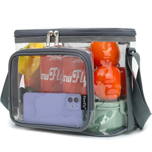 FlowFly Insulated Reusable Lunch Bag Adult Large Lunch Box for Women and Men with Adjustable Shoulder Strap,Front Zipper Pocket and Dual Large Mesh Side Pockets,Clear#Grey - color: Clear#Grey