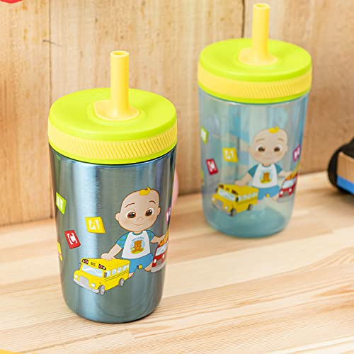 Zak Designs CoComelon Kelso Tumbler Set, Leak-Proof Screw-On Lid with Straw, Bundle for Kids Includes Plastic and Stainless Steel Cups with Bonus Sipper (3pc Set, Non-BPA) - color: CoComelon, size: 3 Piece Set (Pack of 1)