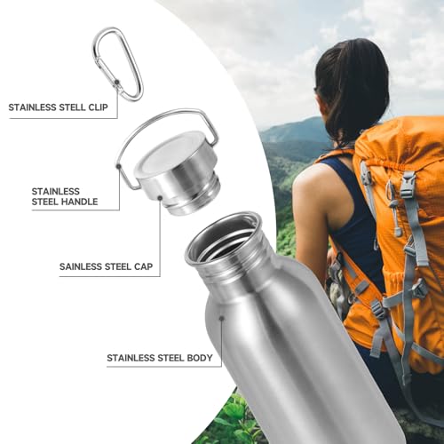 Volhoply 20oz Uninsulated Single Walled Water Bottle, Stainless Steel Reusable Water Bottles with Handle & Carabiner, BPA Free 18/8 304 Sports Water Bottles for Camping Hiking(Silver,1) - color: Silver