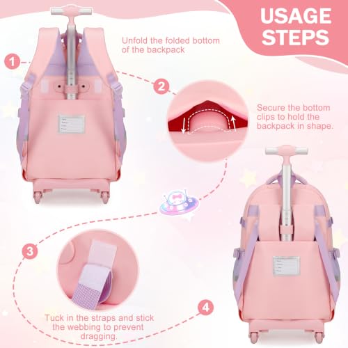 FIXITOK Rolling Backpack for Girls, Kawaii Bunny Roller Wheels School Backpacks with Lunch Bag Pencil case, Wheeled Suitcase Bookbag for Elementary Travel Pink - color: Pink
