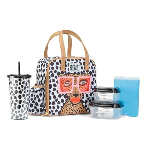 Fit & Fresh Lunch Bag For Women, Insulated Womens Lunch Bag For Work, Leakproof & Stain-Resistant Large Lunch Box For Women With Containers, Tumbler and Ice Pack, Zipper Closure Glam Cat - color: Tropical Glam Cat