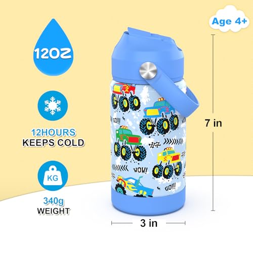 Monster Truck Boys Insulated Water Bottle with Straw,12 oz Kids Cups with Stainless Steel Leak Proof for School Daycare - color: A10.Monster Truck, style: 1Pack