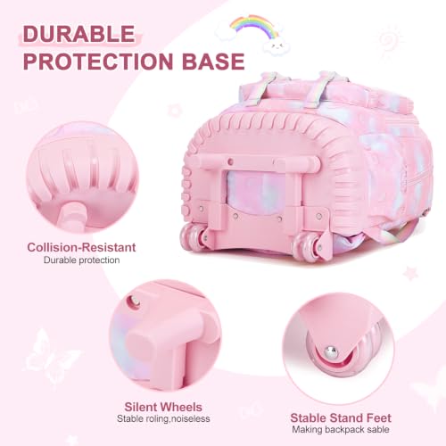 Scothen Rolling Backpack for Girls, 3PCS Roller School Backpacks for Girls with Lunch Bag and Pencil Pouch, Kids Bookbag Schoolbag with Wheels for Teen Girl Kindergarten Elementary Middle School - color: Pink