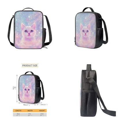 Aesthetic Galaxy Cat Backpack for School Girls Backpack with Lunch Box Water Bottle Bag and Large Pencil Case 4PCS Set 17" Bookbag with Front Pocket Lightweight School Bag for Kids Elementary - color: Aesthetic Galaxy Cat