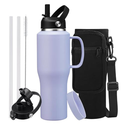 40oz Stainless Steel Drinking Water-Bottle - Gym Water Bottles for Women & Men, Keeps Cold 48h & Hot 24h, 40 oz Tumbler Fits Cup Holder - color: Lilac Purple, size: 32 ounces with handle