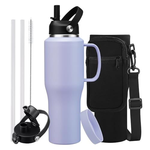40oz Stainless Steel Drinking Water-Bottle - Gym Water Bottles for Women & Men, Keeps Cold 48h & Hot 24h, 40 oz Tumbler Fits Cup Holder - color: Lilac Purple, size: 32 ounces with handle