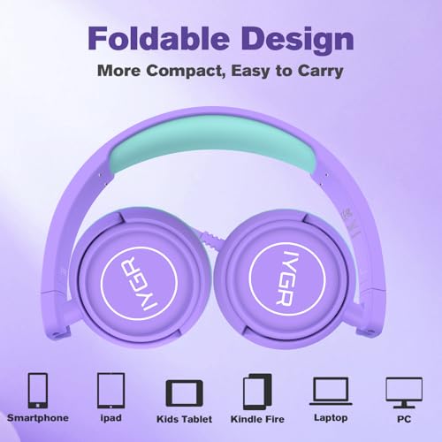 K6C Kids Headphones with USB-C, for Toddler & Kids Ages 2-12, 85dB Safe Volume Limited, Adjustable Headband & Foldable Wired, On-Ear Headphones for School, Travel, Tablet, iPad - color: Purple