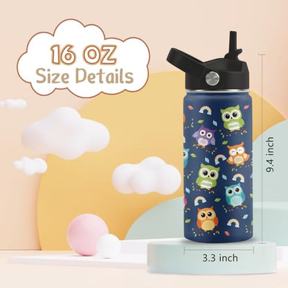 Owl Gifts, 16 oz Water Bottle with Straw Lid, Owl Water Bottle, Stainless Steel Insulated Tumbler, Cute Animals Cups Gifts for Birthday Christmas - color: Owl