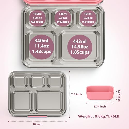 Pawtong Stainless Steel Lunch Box, 5-Compartment Bento Lunch Box for Kids & Adults,Metal Lunch Box with Removable Silicone Container, Lunch Box Containers for School,Office(Pink) - color: Pink