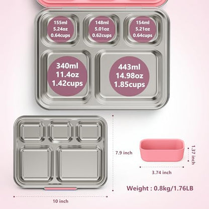 Pawtong Stainless Steel Lunch Box, 5-Compartment Bento Lunch Box for Kids & Adults,Metal Lunch Box with Removable Silicone Container, Lunch Box Containers for School,Office(Pink) - color: Pink
