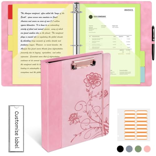 3 Ring Binder 1 Inch, Leather Binders with Clipboards, KLLVE Three Ring Binder with 10 Pocket Divider(Pink, Letter Size) - color: Pink
