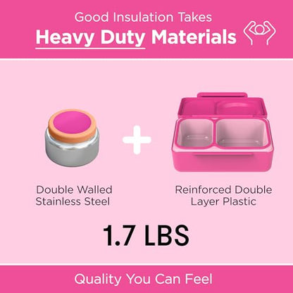 Omie OmieBox UP bento Box for Kids | Insulated Lunch Box | Leak Proof Vacuum Insulated Thermal Food jar | Cooler ice Pack | 2 Compartments (Pop Pink) - color: Pop Pink