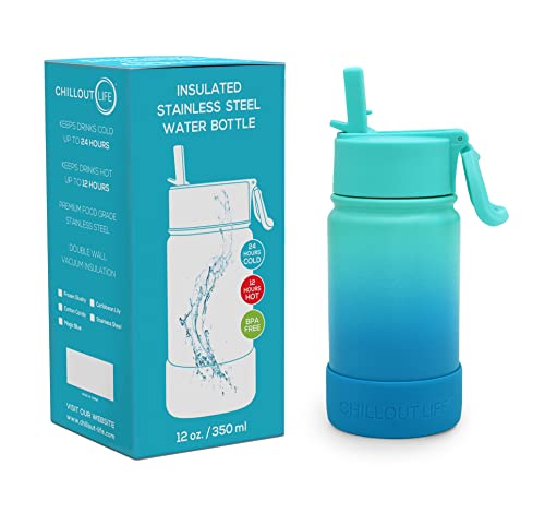 CHILLOUT LIFE 12oz Kids Insulated Stainless Steel Water Bottle with Leak Proof Straw Lid & 144 Stickers - color: Ocean Blue, style: 12 oz