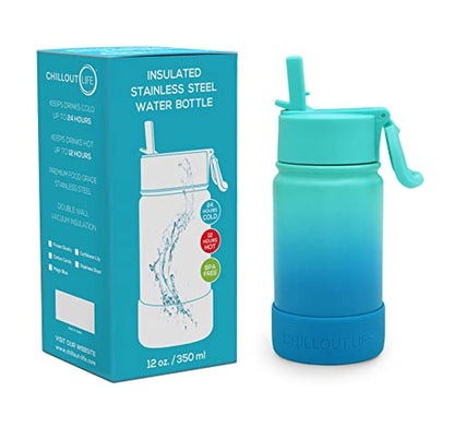 CHILLOUT LIFE 12oz Kids Insulated Stainless Steel Water Bottle with Leak Proof Straw Lid & 144 Stickers - color: Ocean Blue, style: 12 oz