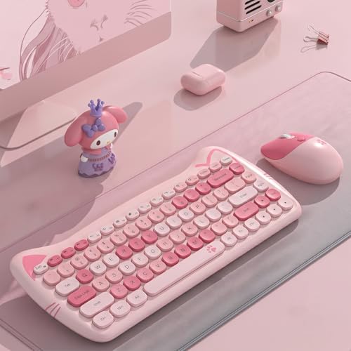 Cute Cat 2.4G USB Wireless Keyboard and Mouse Combo, Silent Keys, Candy Colors, Compatible with Notebook, PC (Pink-84Keys) - color: Pink-84Keys