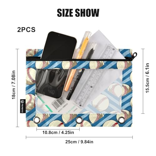 Binder Pencil Pouches, Retro Sport Pencil Case with Clear Window 3 Rings Cosmetic Bags Office Supplies 2 Pack - color: Baseball