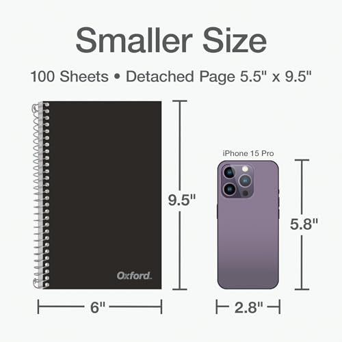 Oxford Poly Spiral Notebook, 2-Subject for School, College Ruled Paper, 100 Sheets, 6 x 9.5 Inches, 2 Double Pocket Dividers, Black Cover (1002544) (Pack of 12) - size: (Pack of 12)