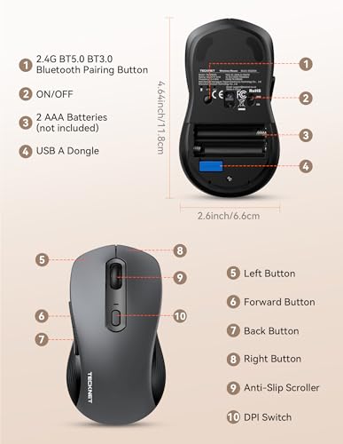 TECKNET Bluetooth Mouse, [ USB + BT1 + BT2 ] Wireless Mouse for Laptop, Silent Click, Ergonomic Design, 4800 DPI Computer Mice Wireless, Dual Mode for Laptop, Computer, iPad, MacBook - color: Light Grey