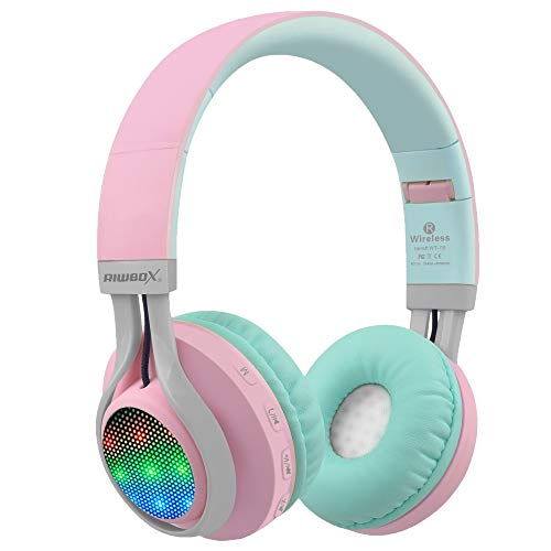 Riwbox WT-7S Bluetooth Headphones Light Up, Foldable Stero Wireless Headset with Microphone and Volume Control for PC/Tablet/TV/Travel (Pink Green) - color: PINK&GREEN