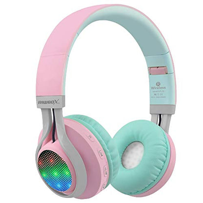 Riwbox WT-7S Bluetooth Headphones Light Up, Foldable Stero Wireless Headset with Microphone and Volume Control for PC/Tablet/TV/Travel (Pink Green) - color: PINK&GREEN