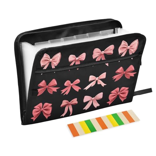 Expanding File Folder Pink Red Bow Black Accordion File Organizer 13 Pockets Document Organizer with Zipper Labels A4 Letter Office Storage - color: Multi21