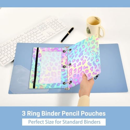 Kcldeci Pencil Pouch for 3 Ring Binder, Galaxy Leopard Spots Print 2 Pack Binder Pencil Pouch with Clear Window Pencil Bags with Zipper Pencil Case for Binder - color: B02