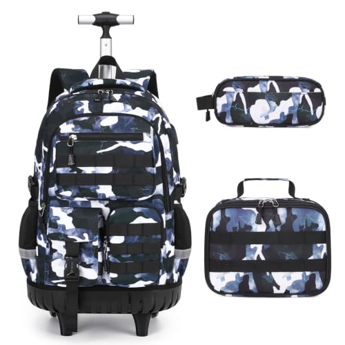 DIGOBAY Camo Rolling Backpack for Boys, 3PCS Tactical Kids Rolling Backpack Set with Lunch Bag & Pencil Case, Boys Wheeled School Bookbag for Elementary, Middle, High School - color: Camouflage Black/Navy