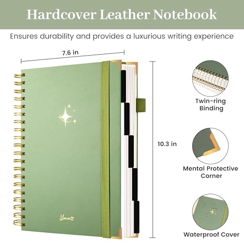 FLYING EAGLE Leather Spiral Notebooks for Work 5 Subject Notebook College Ruled with Dividers Pen, 360 Pages B5 Hardcover Lined Journals for Women Men Writing,Green - color: A.green