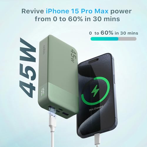 NOBIS Portable Charger, 20000mAh Power Bank, 45W Power Bank Fast Charging, Battery Pack with C to C Cable, Battery Bank with Digital Display for iPhone Android Laptop etc(Green) - color: Green