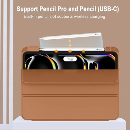 ZryXal iPad Pro 11 Inch Case (M5) 2025/ (M4) 2024 (Model: A2836/A2837/A3006), Trifold Stand Smart Cover with Pencil Holder and Soft TPU Back, Auto Wake/Sleep (New Brown) - color: New Brown