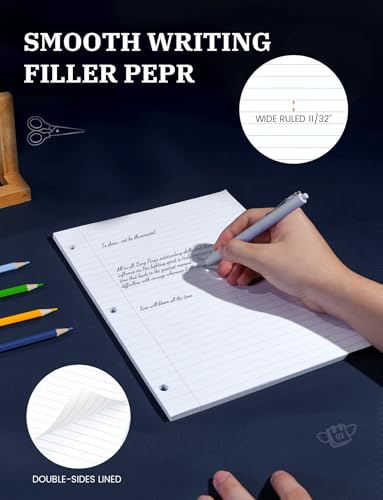 10 Pack Loose Leaf Paper 8.5 x 11, 1000 Sheets Lined Paper for 3 Ring Binders, Wide Ruled Notebook Paper, 3 Hole Punch Binder Paper, 100 Sheets/Pack Filler Paper for Office, School, and Home - style: 8.5x11-Wide Ruled-10 Pack (1000 Sheets)