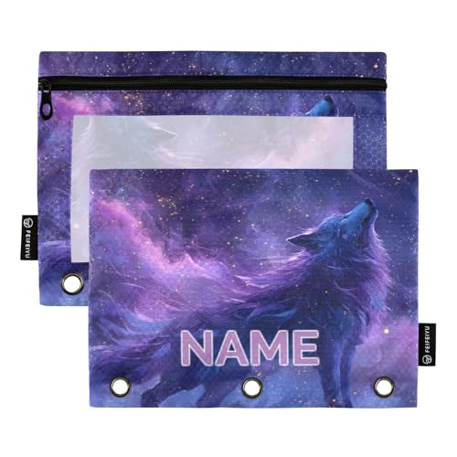 Custom Text Wolf Purple in Galaxy Pencil Pouch for 3 Ring Binder Personalized Text Photo Pencil Case Clear Window Pencils Bag for School Office 2 Packs - color: Custom Wolf Purple in Galaxy