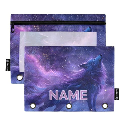 Custom Text Wolf Purple in Galaxy Pencil Pouch for 3 Ring Binder Personalized Text Photo Pencil Case Clear Window Pencils Bag for School Office 2 Packs - color: Custom Wolf Purple in Galaxy