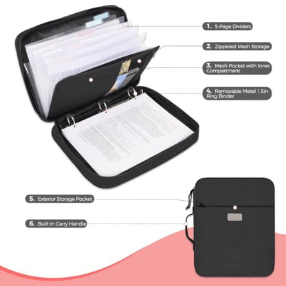 SKYDUE Zipper Binder with Handle, 1.5 Inch 3 Ring, Black | 550-Sheet Capacity, 5-Tab Dividers Expanding File Folder with Pockets, Cute Organizer Storage for School Supplies - color: Black