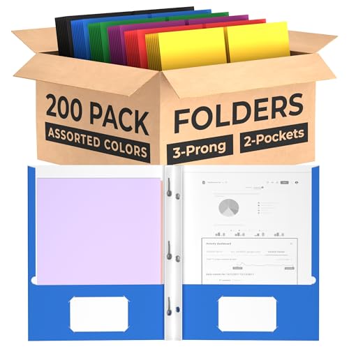 Folders with Pockets and Prongs (200 Pack) 2 Pocket Folders with 3 Prongs for School Paper Folders with Pockets - style: 200 Pack
