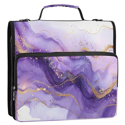 Purple Marble Waterproof Zipper Binder with Shoulder Strap, 3-Ring Trapper Keeper with Lay-Flat Design and Multiple Compartments for School & Office, Adults & Kids