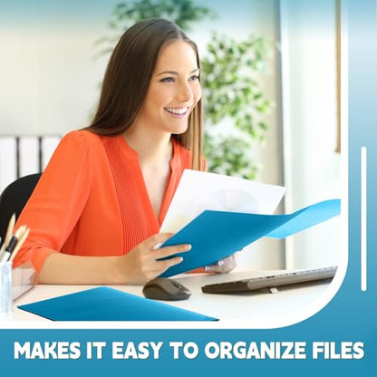 Gueevin 100 Pack Plastic Folder with Pockets, 2 Pocket Folders, Plastic Glossy Folders Fit Letter Size Paper, Heavy Duty Durable File Folder with Business Card for Home Office School (Sapphire Blue) - color: Sapphire Blue