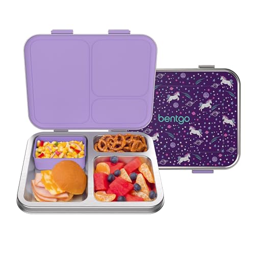 Bentgo Kids Stainless Steel Prints Leak-Resistant Lunch Box - 3-Compartments with Bonus Silicone Container, Durable, Eco-Friendly, Dishwasher Safe, BPA-Free, Ideal for School, Ages 3+ (Unicorn) - color: Unicorn