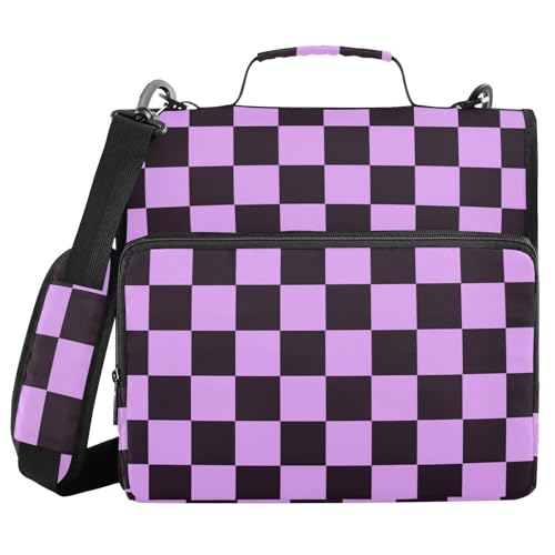 Boccsty Black Purple Checker Zipper Binder 3 Ring Binders Expanding File Folder Multi-Pocket Zipper Binder Organizer for School Shoulder Strap and Handle