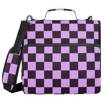 Boccsty Black Purple Checker Zipper Binder 3 Ring Binders Expanding File Folder Multi-Pocket Zipper Binder Organizer for School Shoulder Strap and Handle