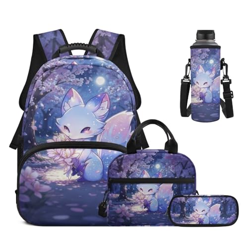 17 Inch Kid's 4PCS Backpack Set, Back to School Essentials | Insulated lunch box, water bottle pouch, pencil case, lightweight, padded shoulder straps, for elementary, middle school - color: Pink Fox-1