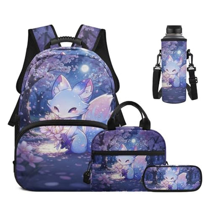 17 Inch Kid's 4PCS Backpack Set, Back to School Essentials | Insulated lunch box, water bottle pouch, pencil case, lightweight, padded shoulder straps, for elementary, middle school - color: Pink Fox-1