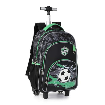 Kids Rolling Backpack for Boys, 5 PCS Cartoon Wheeled Backpack Set with Lunch Bag & Pencil Case, Durable Backpack with Wheels for School, Travel & Daily Use (Light Green) - color: Football Black