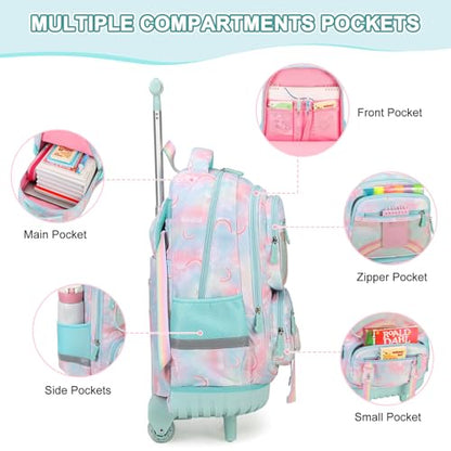 Scothen Rolling Backpack for Girls, 3PCS Roller School Backpacks for Girls with Lunch Bag and Pencil Pouch, Kids Bookbag Schoolbag with Wheels for Teen Girl Kindergarten Elementary Middle School - color: Green