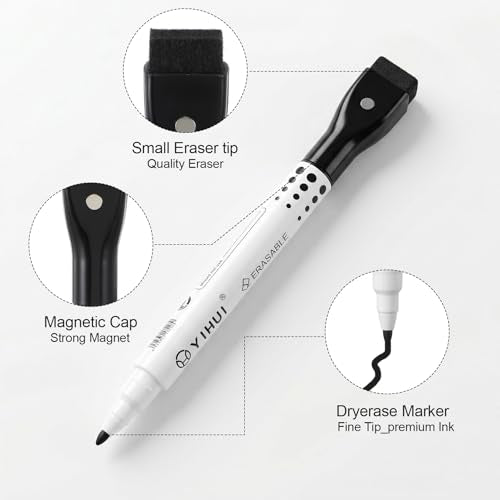 50 Pack Black Magnetic Dry Erase Markers, Fine Point Whiteboard Markers with Eraser Caps, Low Odor Bulk Set for Office, Home, and Planning Boards
