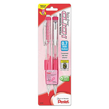 PINK BCA Twist-Erase Click Mechanical Pencil, (0.7mm) Clear Barrel, 2 Pack