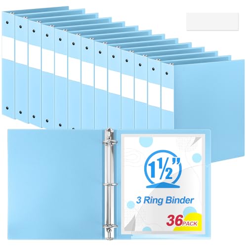 Henoyso 36 Pcs Light Blue 1.5 Inch 3 Ring Plastic Binder Bulk, 1 1/2 Inch Soft Flexible Binders Three Round Rings Fit 8.5x11 Papers for School Office Home File Organization Supplies - color: Light Blue