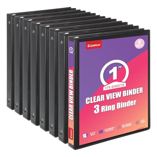 Comix Durable 1 Inch 3 Ring Binder, Round View Binder for Office or School, Fits 175 Sheets of 8.5x11 Paper, PVC-Free & Foldable Spine, Made in North American, 8 Pack (Black) - color: Black, size: 1 inch, style: 8 Pack